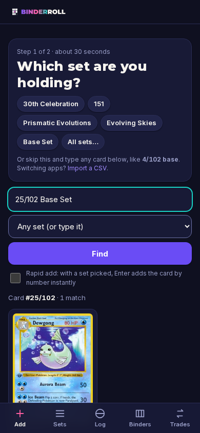 Adding a card by number in Binderroll